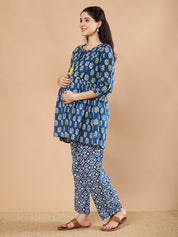 Blue & Yellow Cotton Floral Maternity Night Suit