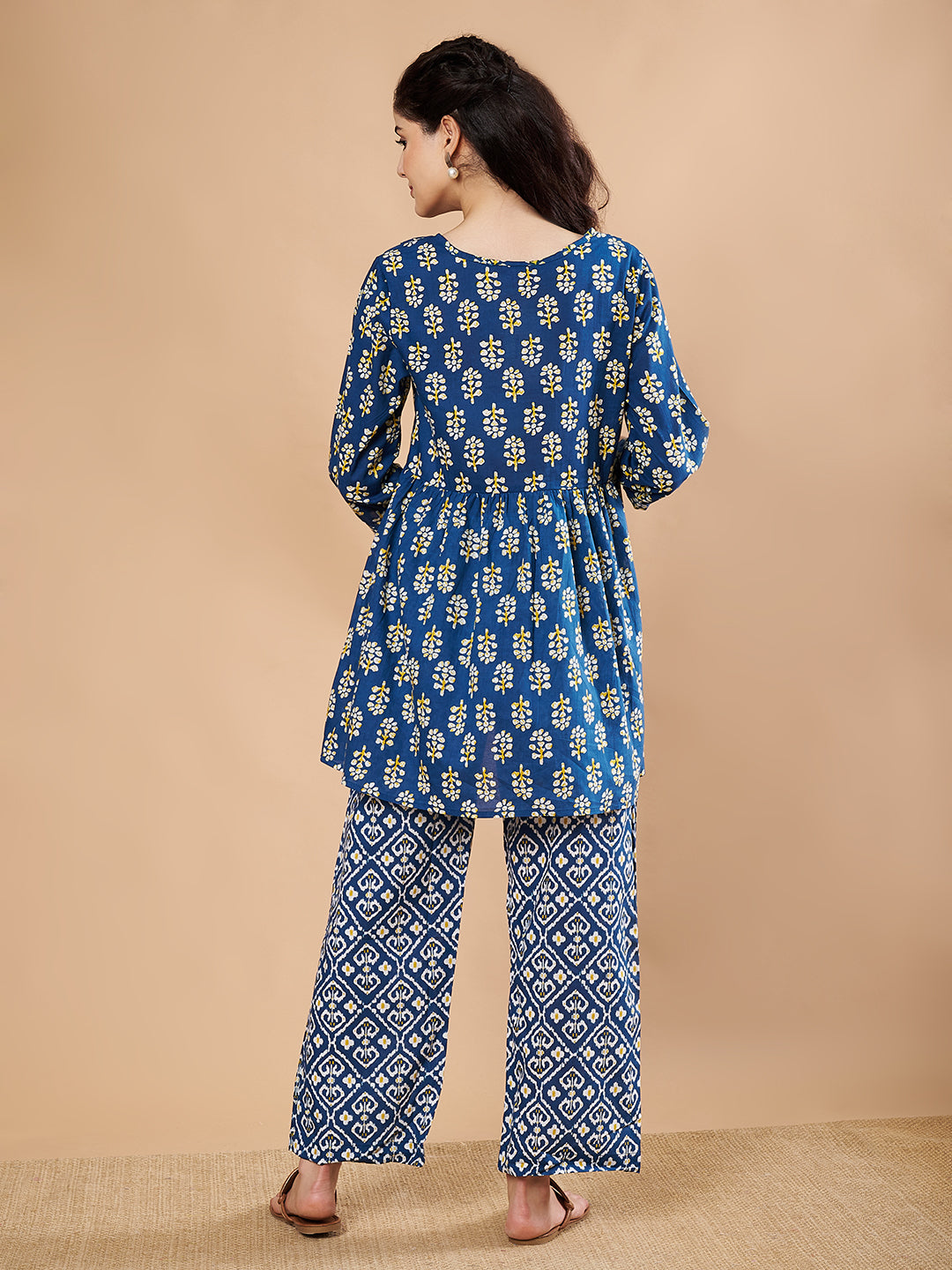 Blue & Yellow Cotton Floral Maternity Night Suit