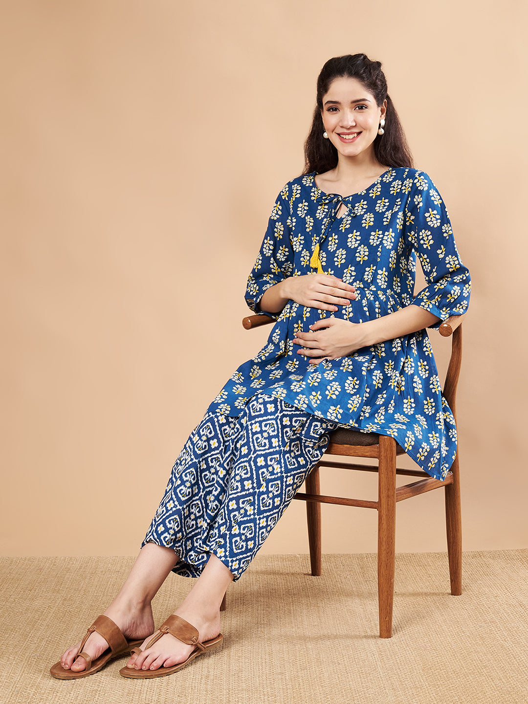 Blue & Yellow Cotton Floral Maternity Night Suit