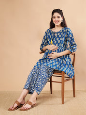 Blue & Yellow Cotton Floral Maternity Night Suit
