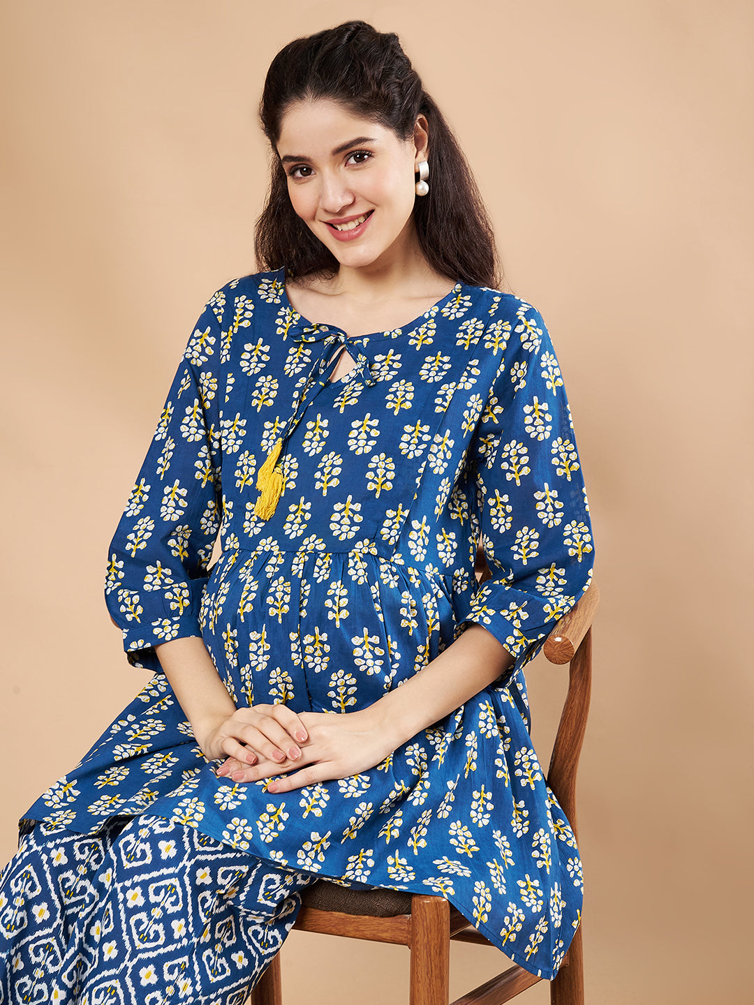 Blue & Yellow Cotton Floral Maternity Night Suit