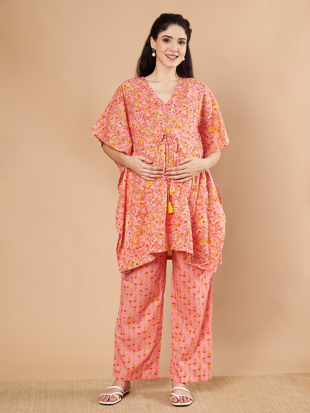 Peach & Yellow Cotton Floral Maternity Night Suit