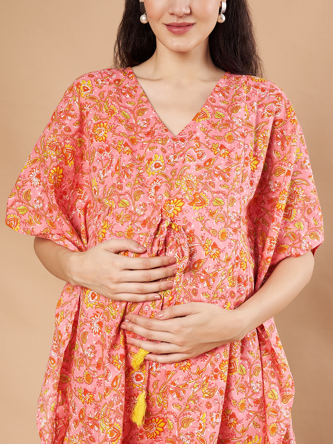 Peach & Yellow Cotton Floral Maternity Night Suit