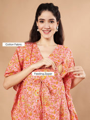 Peach & Yellow Cotton Floral Maternity Night Suit