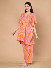 Peach & Yellow Cotton Floral Maternity Night Suit
