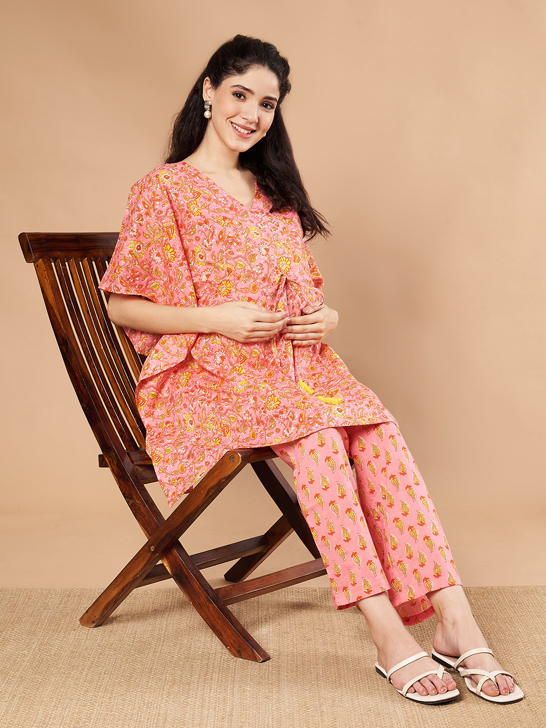Peach & Yellow Cotton Floral Maternity Night Suit