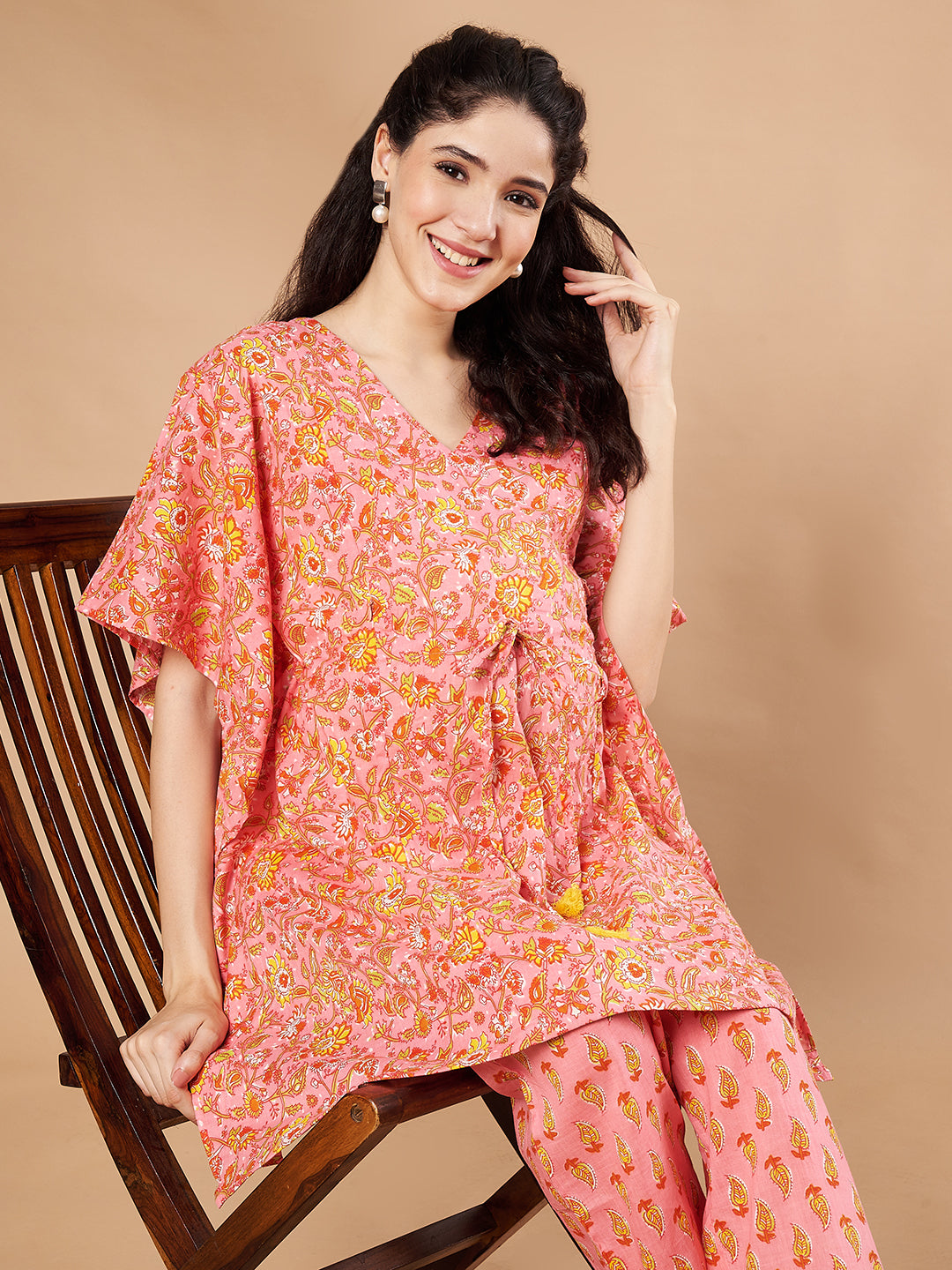 Peach & Yellow Cotton Floral Maternity Night Suit