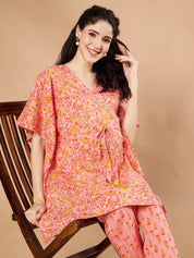 Peach & Yellow Cotton Floral Maternity Night Suit