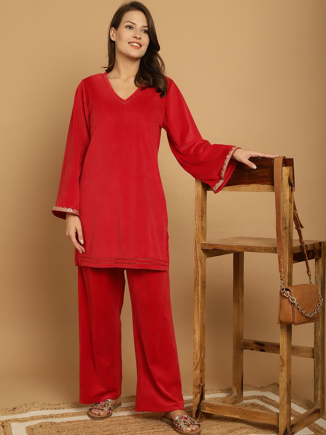 Red Solid Velvet Winter Night Suit