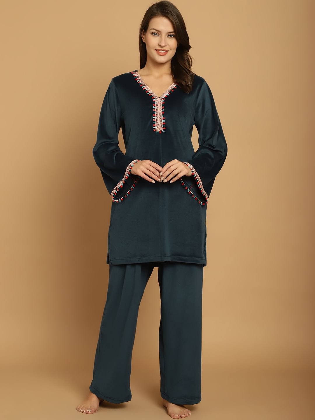 Turquoise Solid Velvet Winter Night Suit