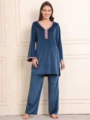 Teal Solid Velour Night Suit