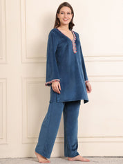 Teal Solid Velour Night Suit