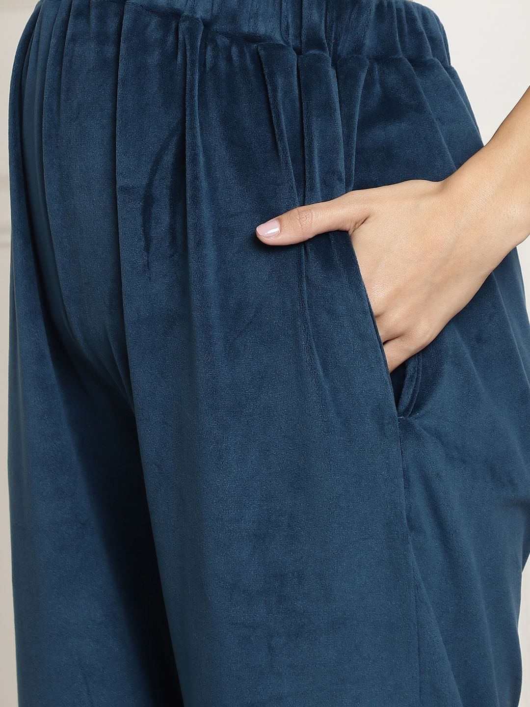 Turquoise Velvet Maternity Night Suit