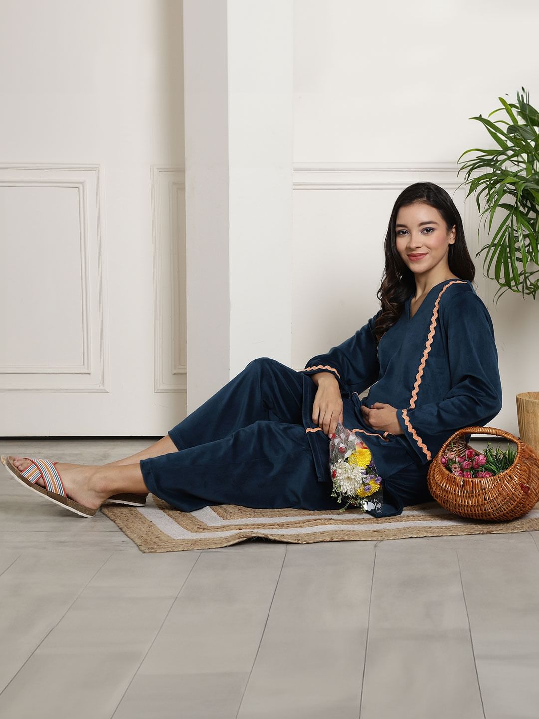 Turquoise Velvet Maternity Night Suit