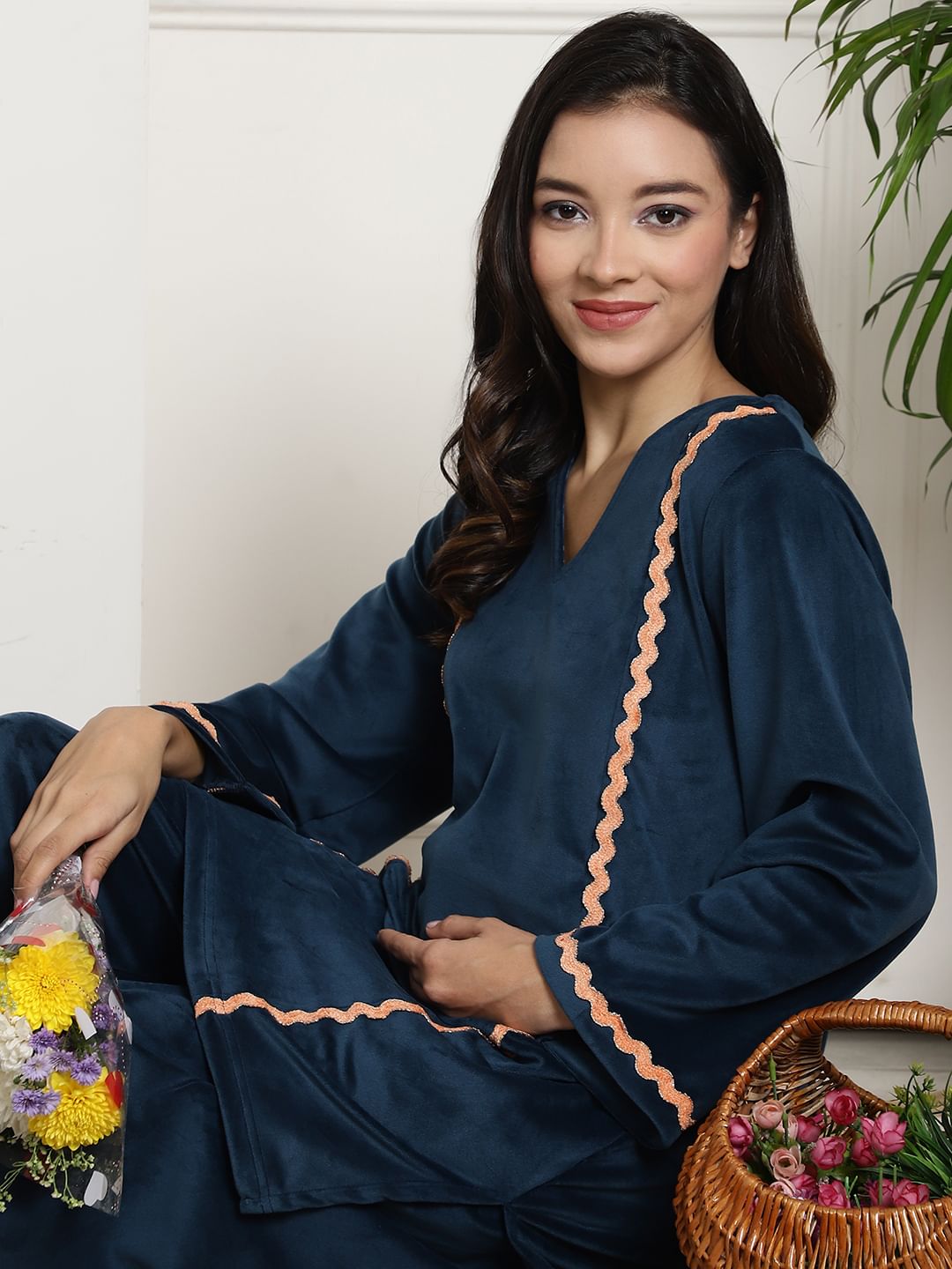 Turquoise Velvet Maternity Night Suit