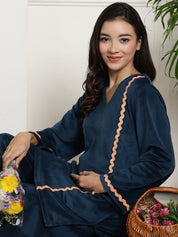 Turquoise Velvet Maternity Night Suit