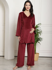 Maroon Velvet Maternity Night Suit