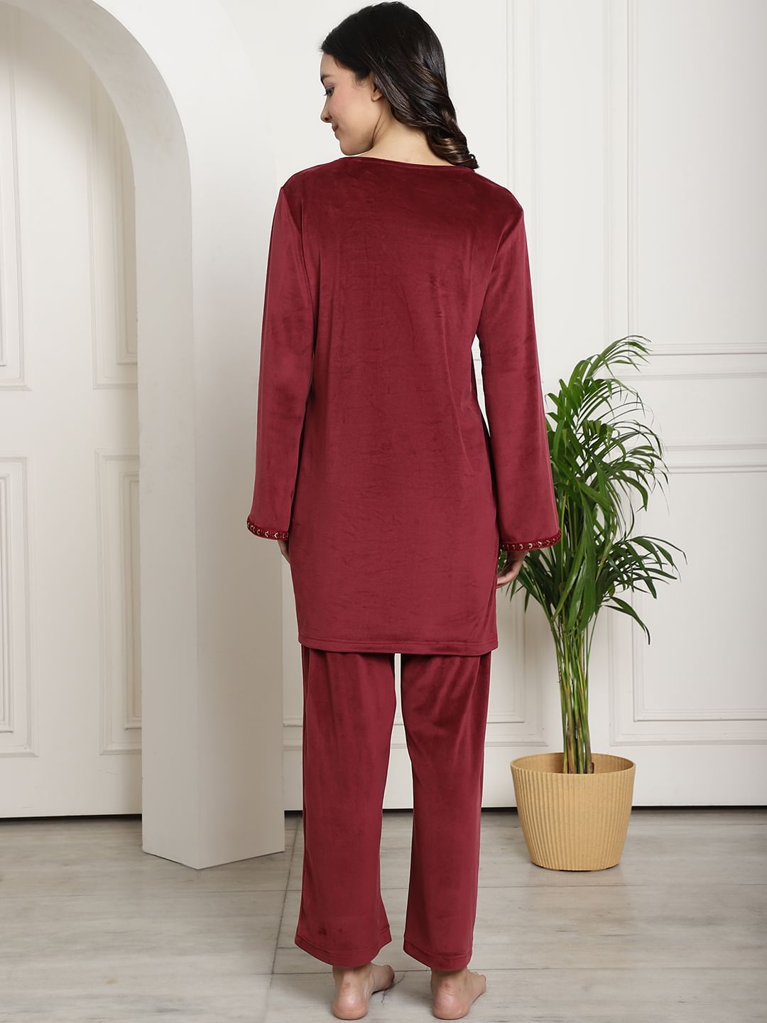 Maroon Velvet Maternity Night Suit
