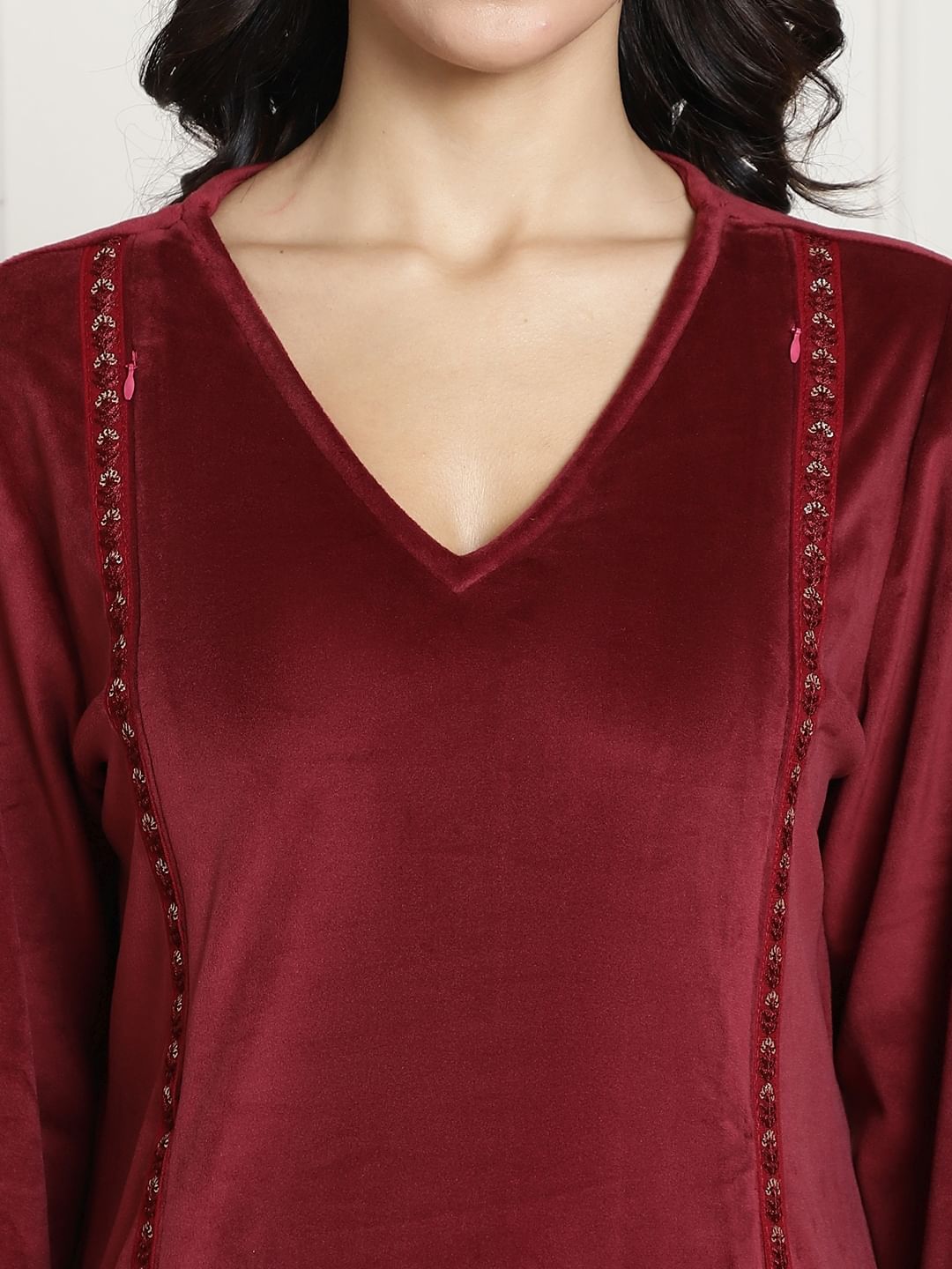 Maroon Velvet Maternity Night Suit