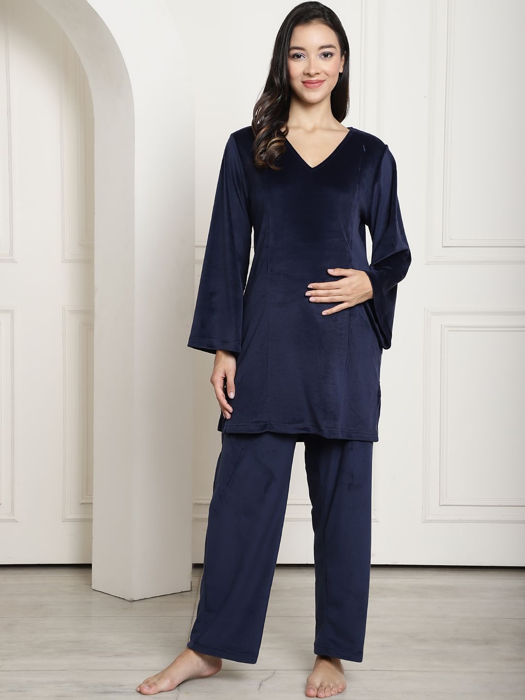 Navy Velvet Maternity Night Suit