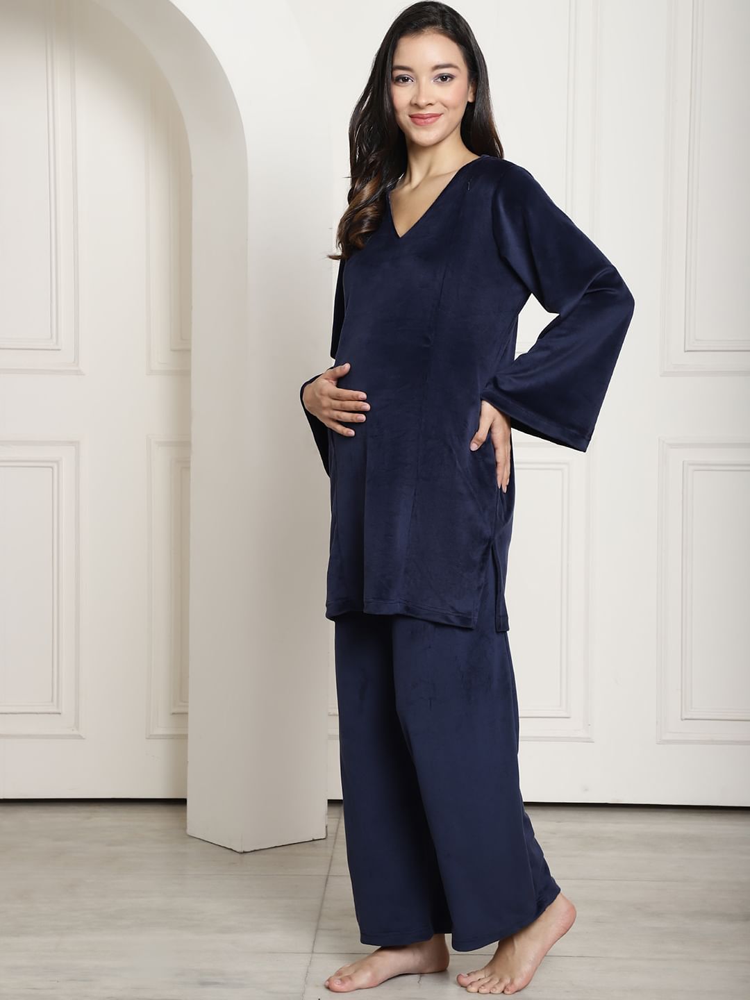 Navy Velvet Maternity Night Suit