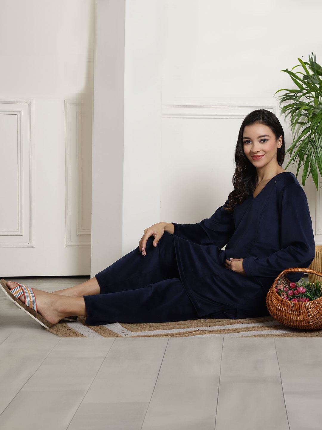 Navy Velvet Maternity Night Suit
