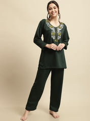 Green Solid Woolen Night Suit Set of Short Kurta with Front Zipper and Pyjamas