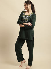 Green Solid Woolen Night Suit Set of Short Kurta with Front Zipper and Pyjamas