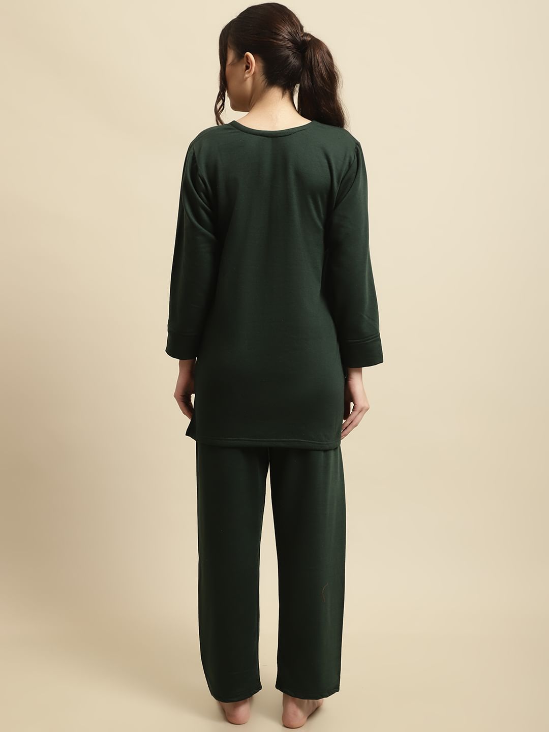 Green Solid Woolen Night Suit Set of Short Kurta with Front Zipper and Pyjamas