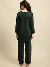 Green Solid Woolen Night Suit Set of Short Kurta with Front Zipper and Pyjamas