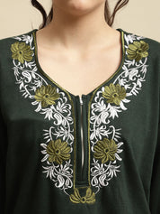 Green Solid Woolen Night Suit Set of Short Kurta with Front Zipper and Pyjamas