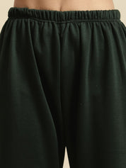 Green Solid Woolen Night Suit Set of Short Kurta with Front Zipper and Pyjamas