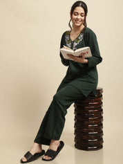 Green Solid Woolen Night Suit Set of Short Kurta with Front Zipper and Pyjamas