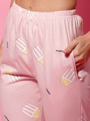 Baby Pink Hosiery Printed Night Suit