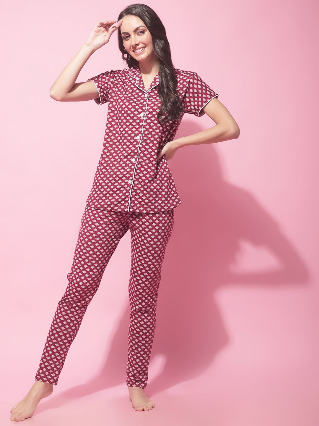 Maroon Hosiery Ethnic Printed Night Suit