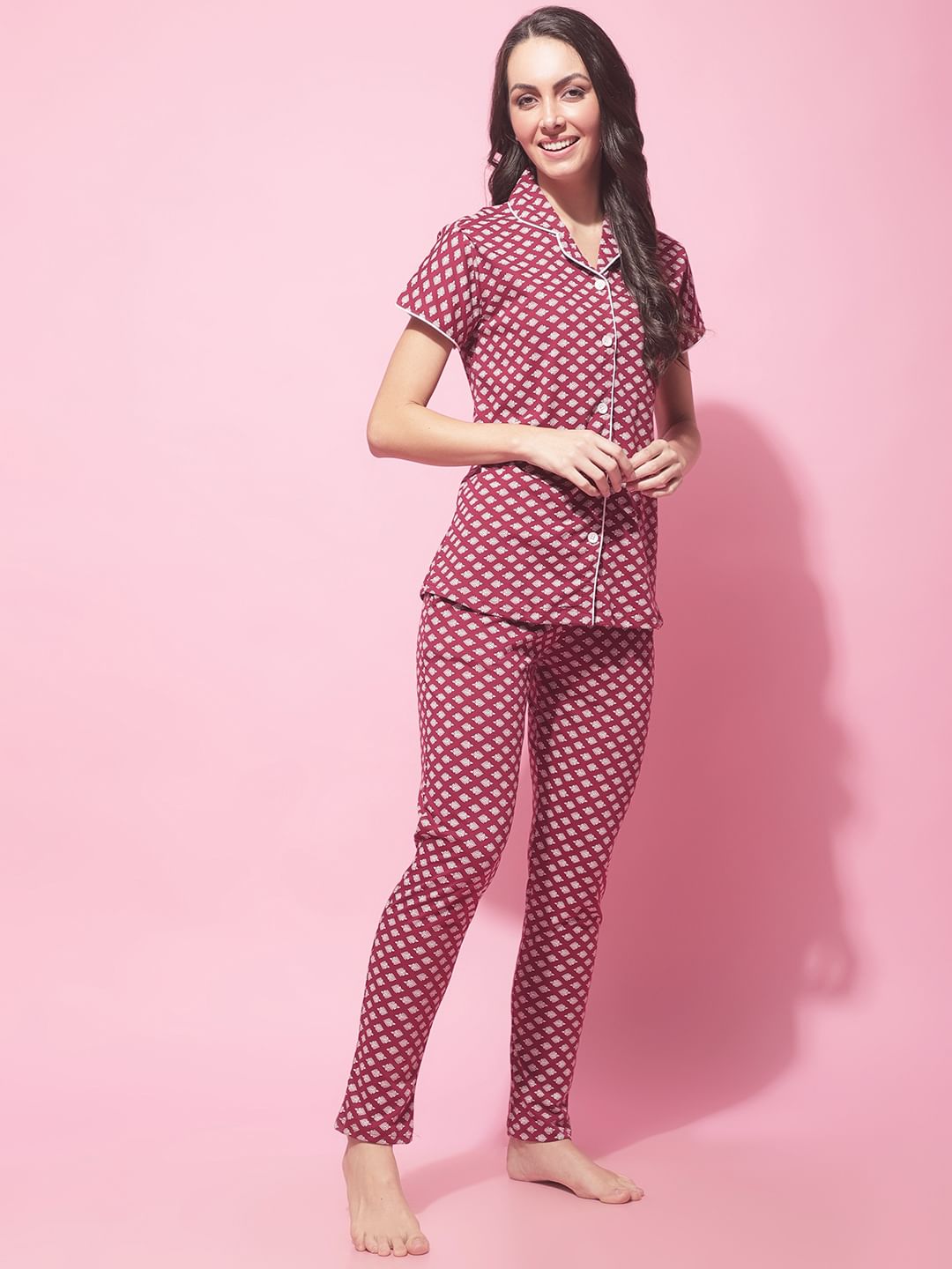 Maroon Hosiery Ethnic Printed Night Suit