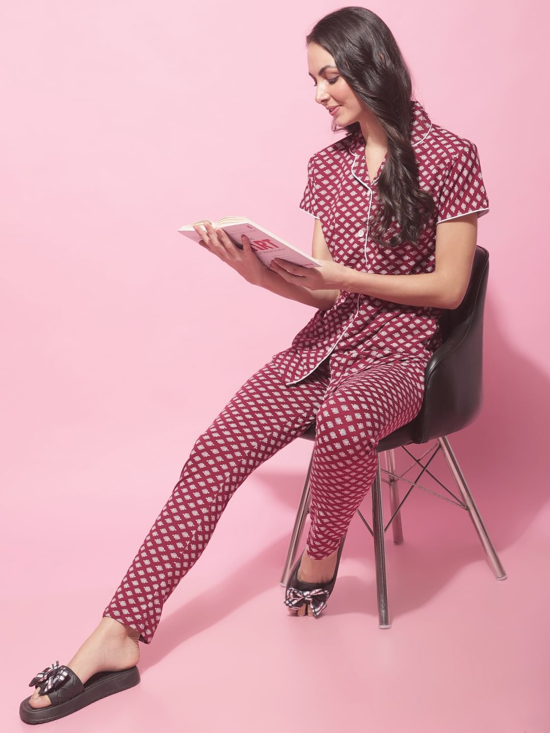 Maroon Hosiery Ethnic Printed Night Suit