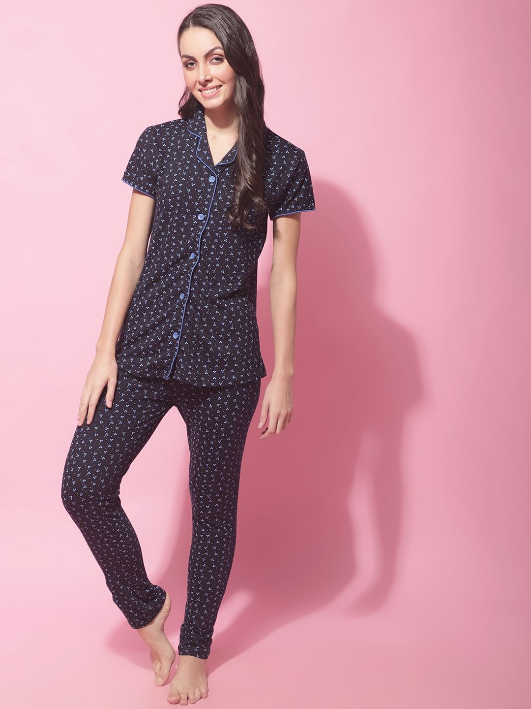 Navy Blue Hosiery Ethnic Printed Night Suit