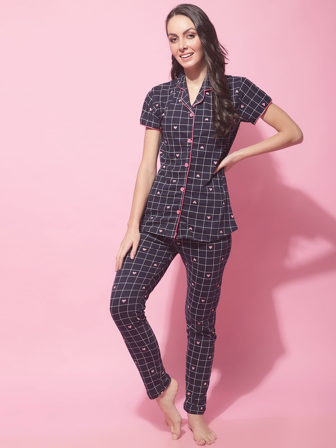 Navy Blue Hosiery Printed Night Suit