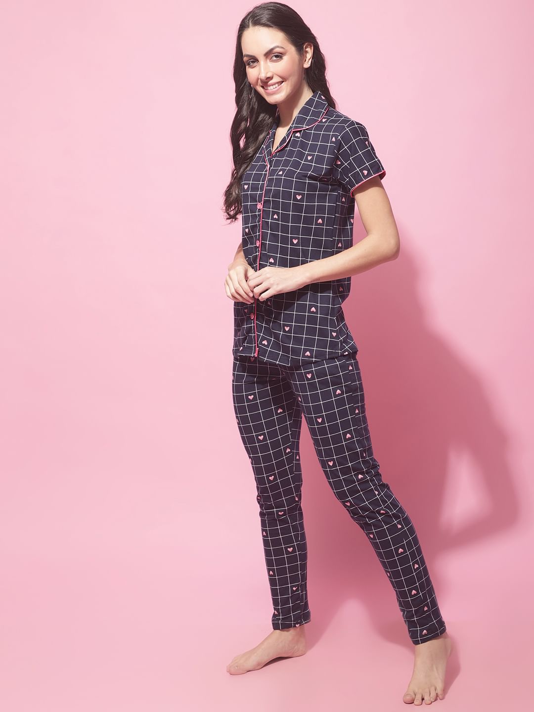 Navy Blue Hosiery Printed Night Suit