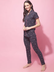 Navy Blue Hosiery Printed Night Suit