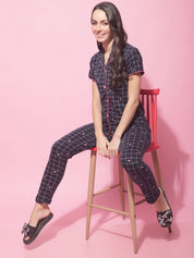 Navy Blue Hosiery Printed Night Suit