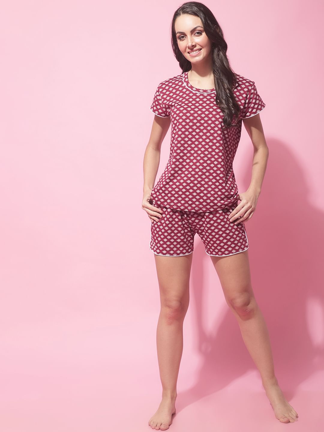 Maroon Hosiery Ethnic Printed Night Suit