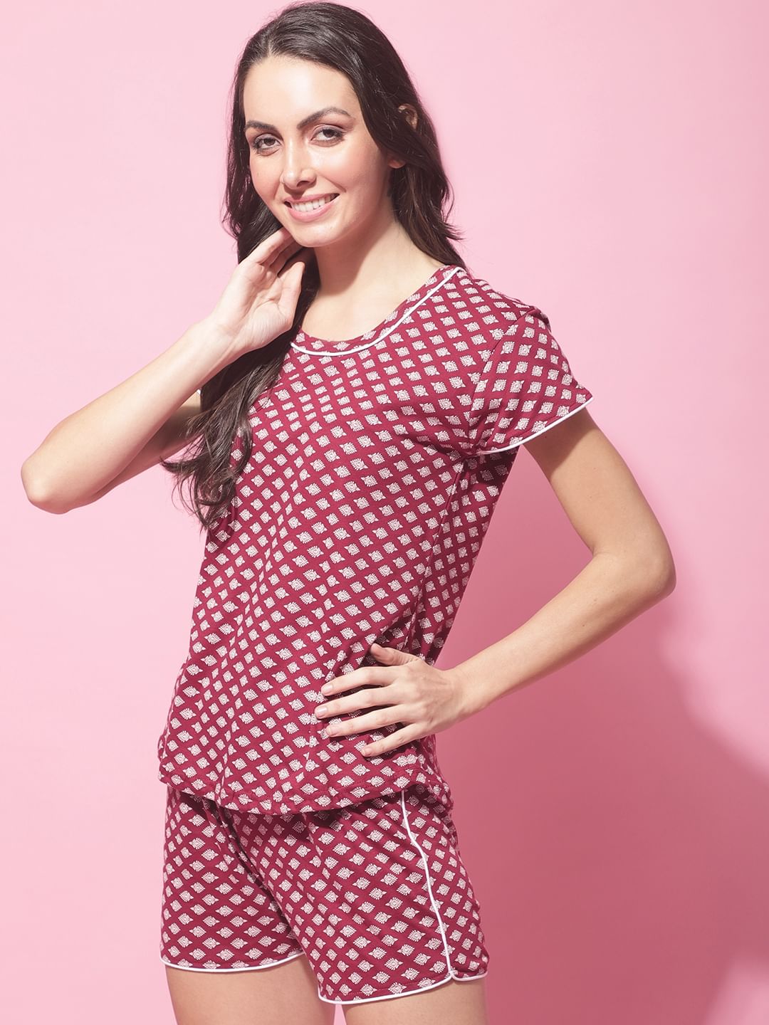 Maroon Hosiery Ethnic Printed Night Suit