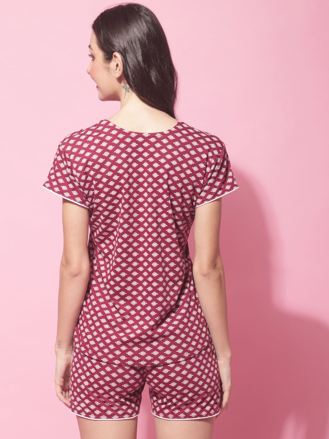 Maroon Hosiery Ethnic Printed Night Suit