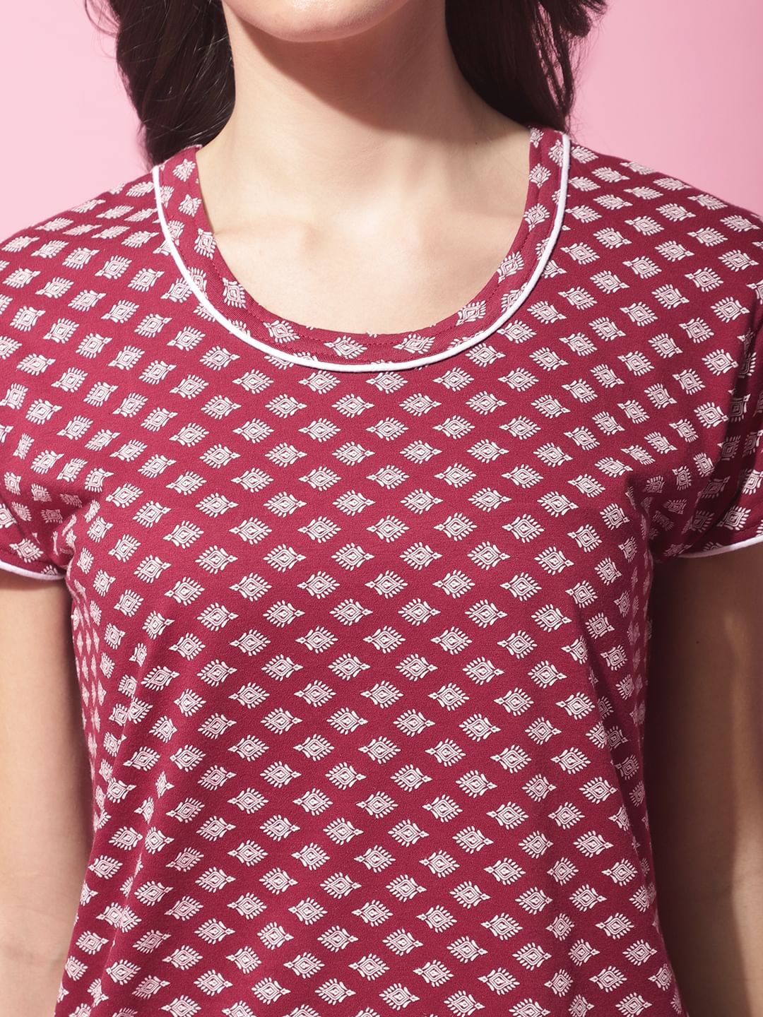Maroon Hosiery Ethnic Printed Night Suit