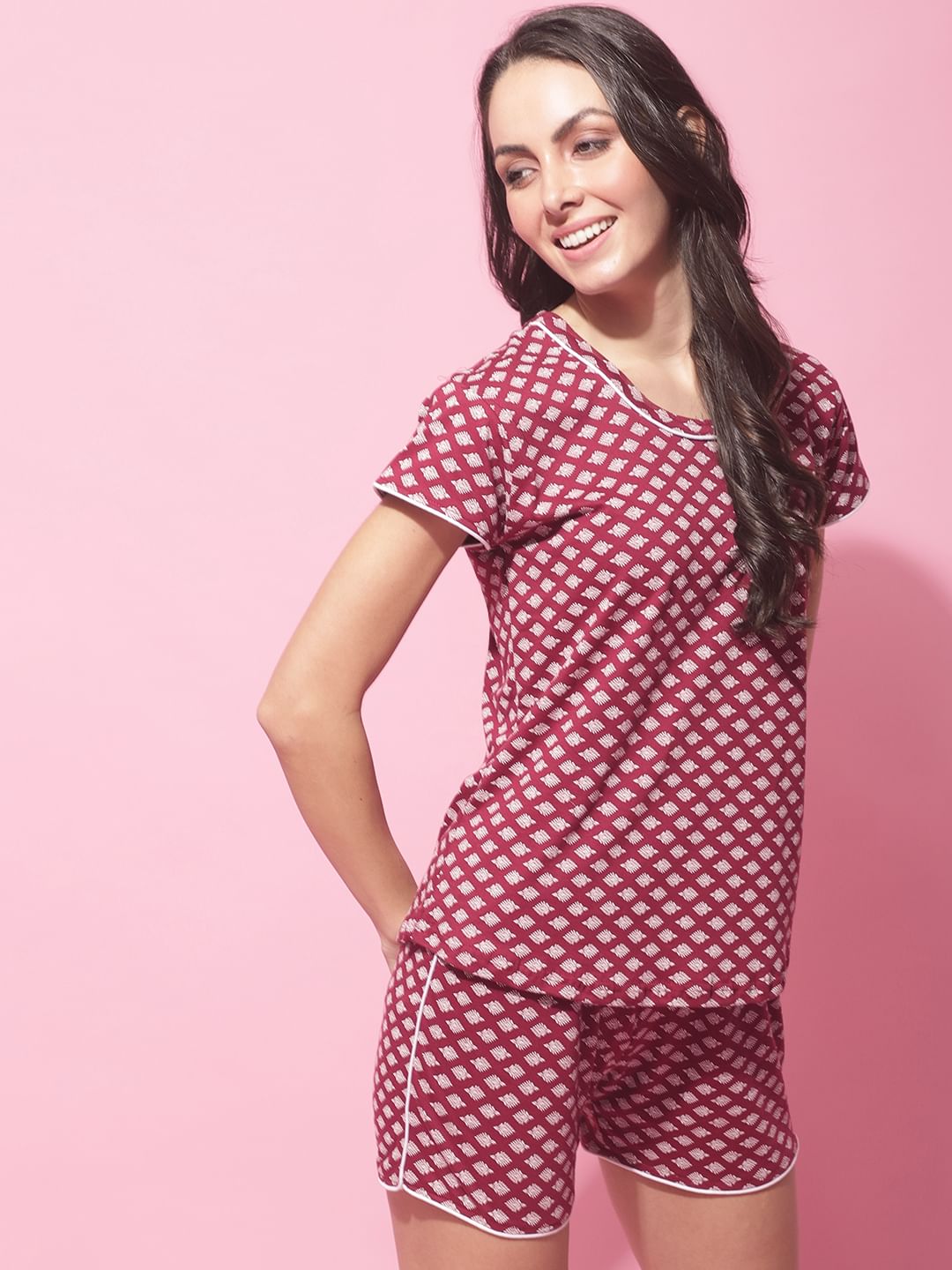 Maroon Hosiery Ethnic Printed Night Suit