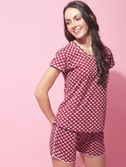 Maroon Hosiery Ethnic Printed Night Suit
