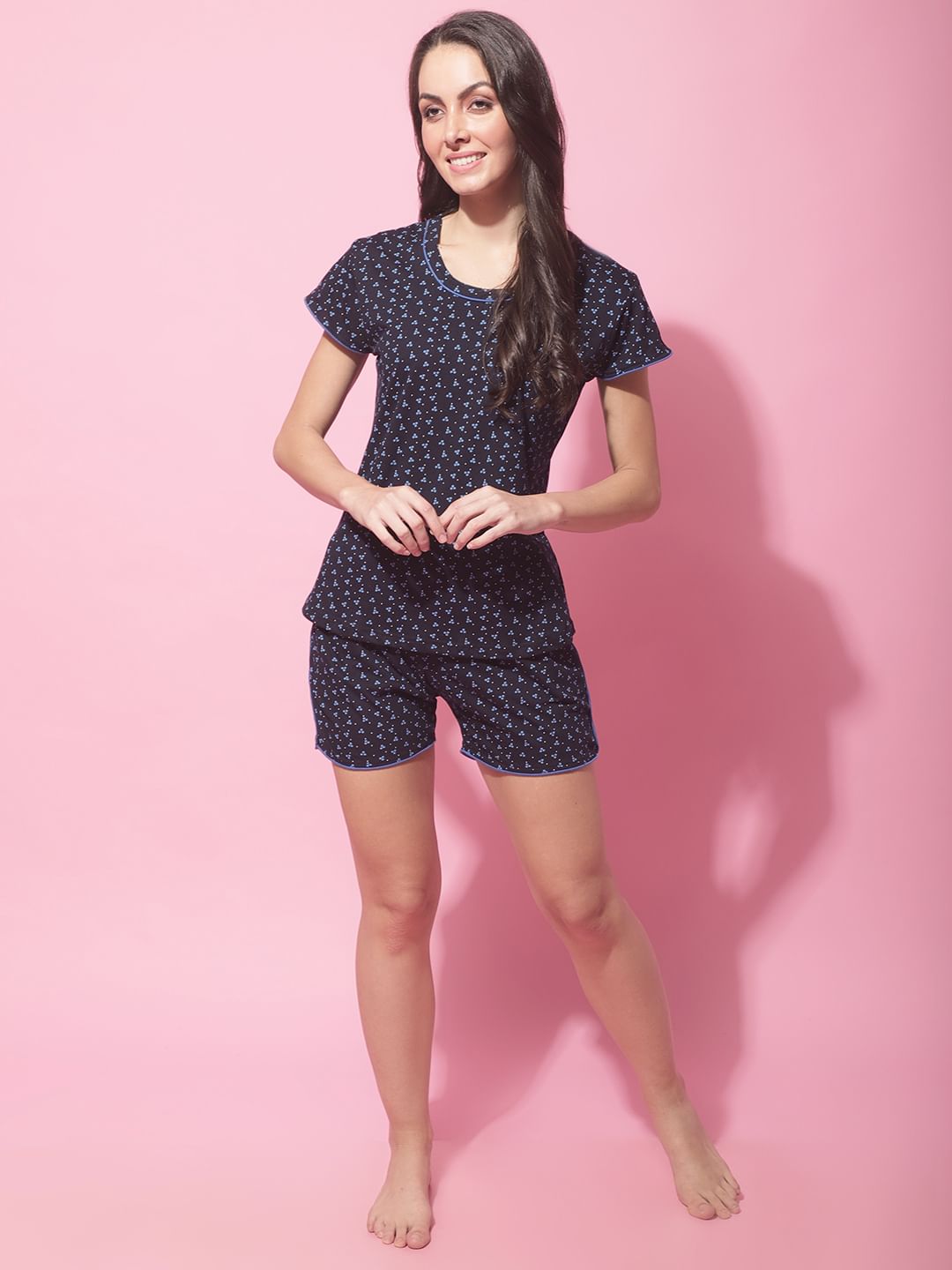 Navy Blue Hosiery Ethnic Printed Night Suit