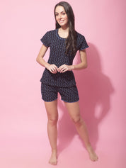 Navy Blue Hosiery Ethnic Printed Night Suit
